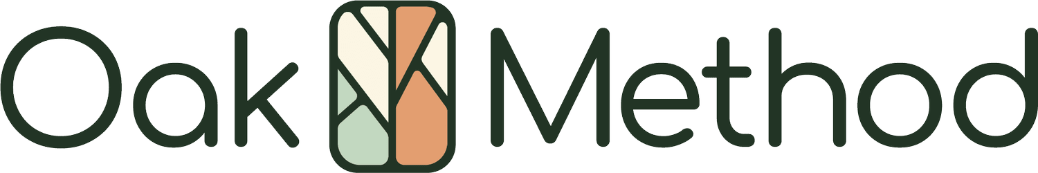 Official Oak Method studio logo, in a light treatment for contrast